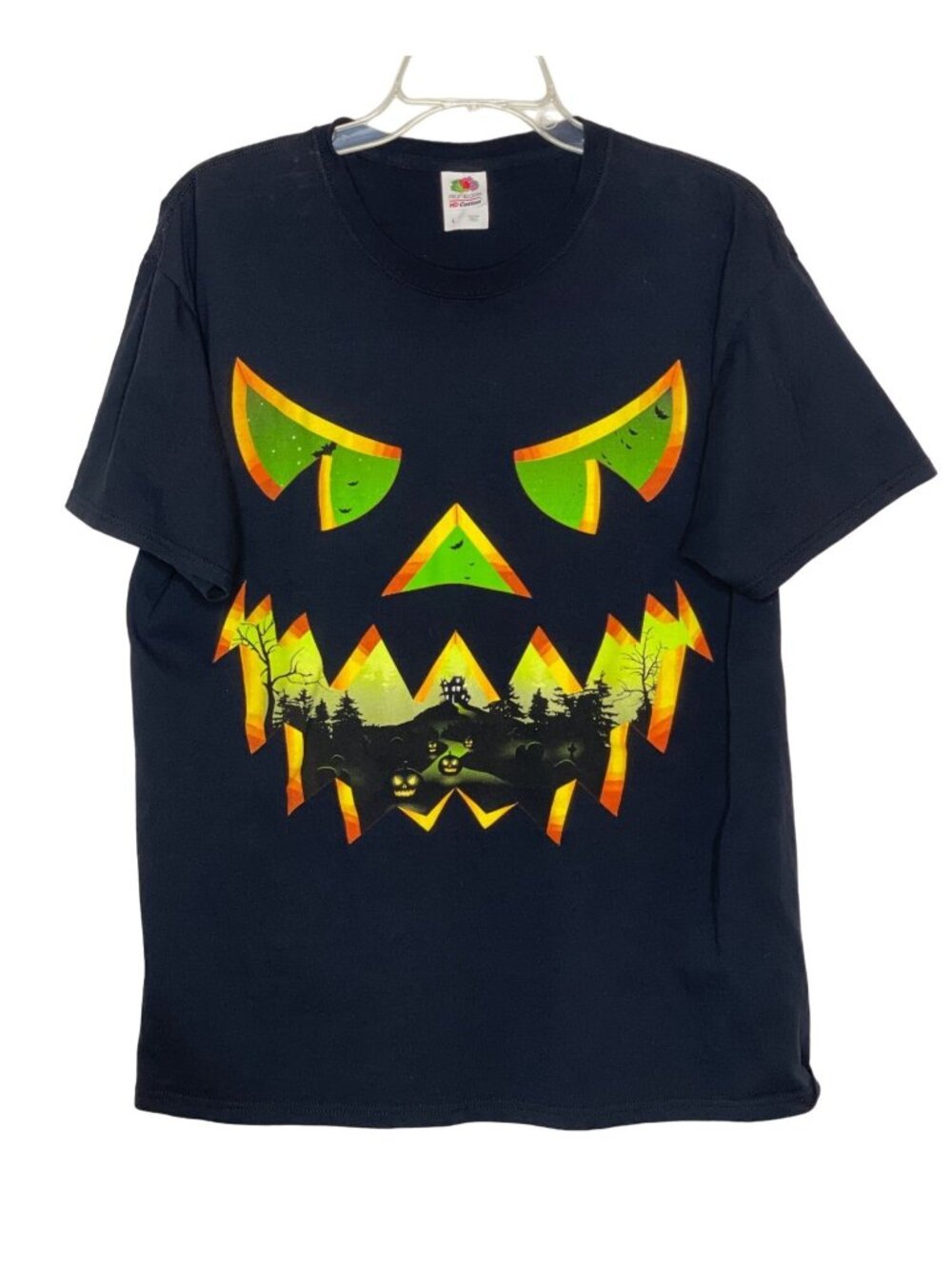 Halloween T-shirt Mean Green Jack-o Lantern Face Haunted House100% Cotton Size L